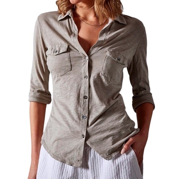 JAMES PERSE Shirt Sheer Slub Side Panel  Button Down Taupe Women Sz M Minimalist - Picture 1 of 13